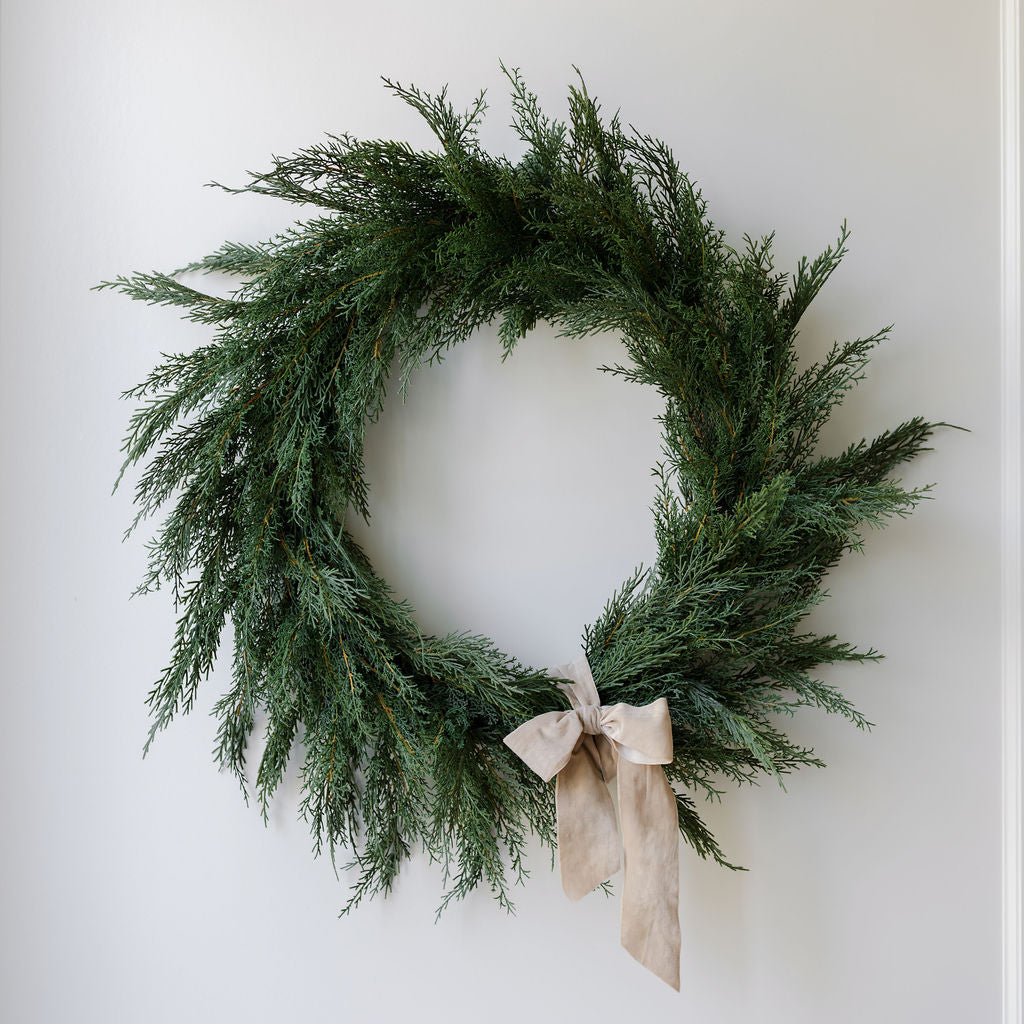 30" Lifelike Cedar Wreath with Wide Velvet Ribbon