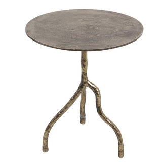 Standing profile of the CG Hunter Handcrafted Antique Brass Aluminum Accent Table featuring a unique branch-like base, emphasizing its luxurious design and versatility in home decor.