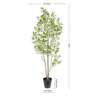 Dimensions of CG Hunter's 7' Artificial Heart Ficus Tree, illustrating its height and width, designed to effortlessly enhance modern interiors with luxurious greenery.