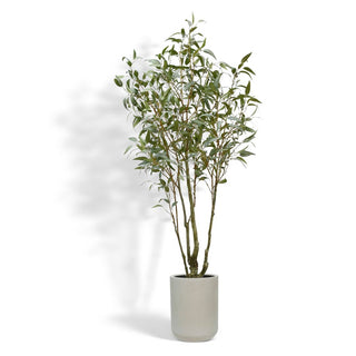 CG Hunter 7' Artificial Willow Eucalyptus Tree elegantly displayed in a sophisticated Artisan Planter, showcasing lifelike foliage for luxurious decor.