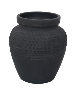 Stylish 11" black terracotta vase displayed with fresh flowers, highlighting its versatile design that complements contemporary and minimalist interiors.