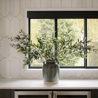 Potted plant on a windowsill with a decorative wall and window in the background