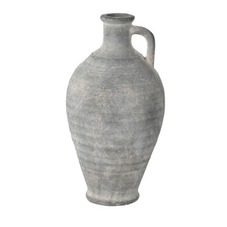 Gray ceramic vase with a handle on a white background