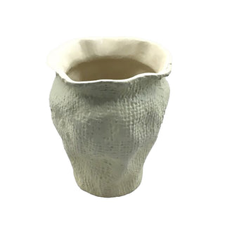 Charming CG Hunter Off-White Aluminum Vase with a delicate ruffled edge and unique texture, enhancing any sophisticated decor.