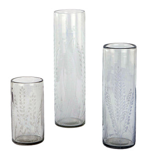 Elegant CG Hunter handcrafted etched glass tall vases set of 3 featuring intricate designs, perfect for showcasing flowers or as decorative accents.