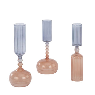 Set of three CG Hunter Etched Borosilicate Glass Bud Vases in Smoke displayed elegantly, emphasizing their modern design and sophisticated aesthetic.