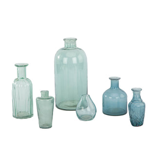 Exquisite collection of CG Hunter's Assorted Blue and Green Glass Bud Vases featured together, highlighting their artisan craftsmanship and unique designs in a stunning arrangement.
