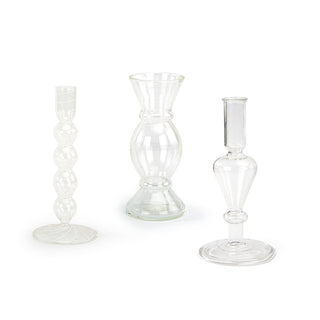 Elegant set of three etched borosilicate glass bud vases by CG Hunter, showcasing unique designs ideal for floral arrangements.