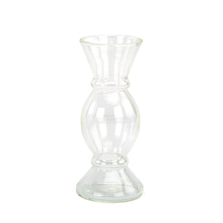 Chic hourglass-shaped etched borosilicate glass bud vase by CG Hunter, designed for elegance in floral displays and home decor.