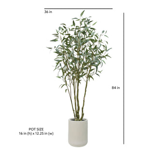 Dimensions and specifications of the 7' Artificial Willow Eucalyptus Tree with Artisan Planter by CG Hunter, showcasing its impressive height and stylish pot design.