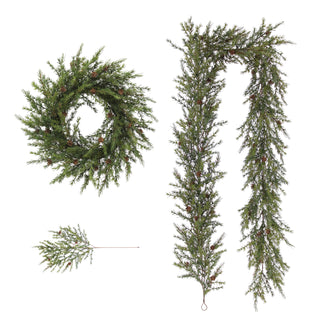 Elegant display of 9' Artificial Pine Garland with Pinecones components by CG Hunter, including a wreath and long garland, perfect for sophisticated seasonal styling.
