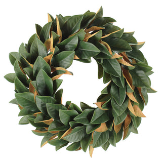 Stunning 30" Faux Green Magnolia Leaf Wreath by CG Hunter presented on a clean background, highlighting the vibrant green and natural brown tones of the leaves.