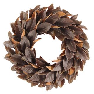 30" Faux Brown Magnolia Leaf Wreath by CG Hunter viewed from above, highlighting the intricate arrangement of rich, dark brown leaves.