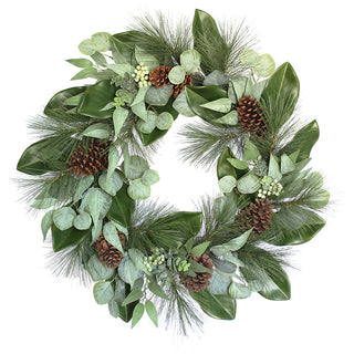 Lifelike 28" Magnolia, Eucalyptus, Pinecone, & Needle Pine Wreath by CG Hunter, showcasing an elegant arrangement of greenery, including magnolia leaves, eucalyptus, pinecones, and needle pine, perfect for enhancing seasonal decor.