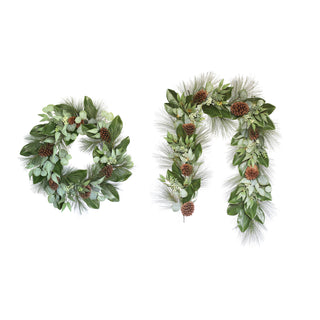 Stylish arrangement of the 6' Magnolia, Eucalyptus, Pinecone, & Needle Pine Garland by CG Hunter, designed in a wreath and garland format, ideal for enhancing luxury holiday or home decor.