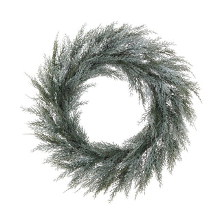 Beautifully crafted CG Hunter 30" Flocked Cedar Wreath against a white background, highlighting its realistic texture and snow-dusted appearance.