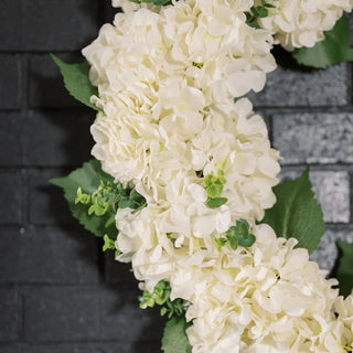 Close-up of white hydrangea flowers with green leaves against a dark background