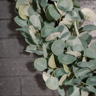 Close-up of green leaves against a gray brick wall