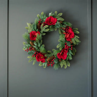 26" Red Magnolia, Pinecone & Berry Wreath