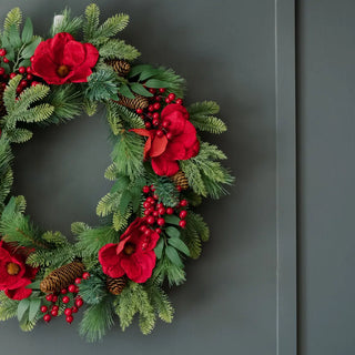 26" Red Magnolia, Pinecone & Berry Wreath