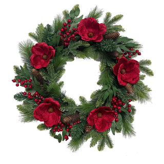 26" Red Magnolia, Pinecone & Berry Wreath
