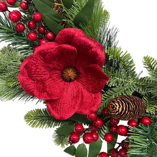 26" Red Magnolia, Pinecone & Berry Wreath