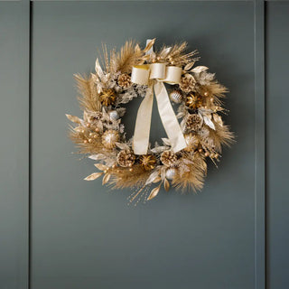 26" Gold Bow, Pinecone & Ornament Wreath
