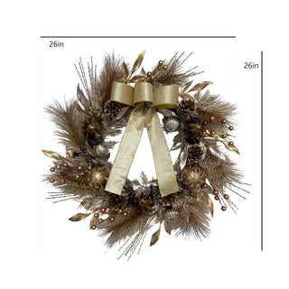 26" Gold Bow, Pinecone & Ornament Wreath