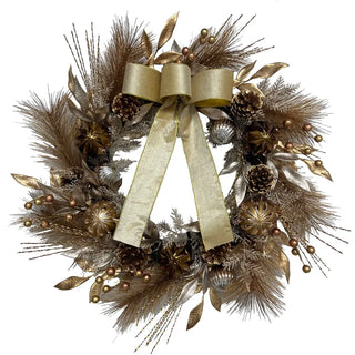 26" Gold Bow, Pinecone & Ornament Wreath