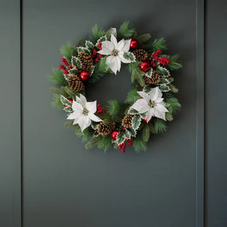 26" White Poinsettia, Pinecone & Berry Wreath