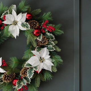 26" White Poinsettia, Pinecone & Berry Wreath