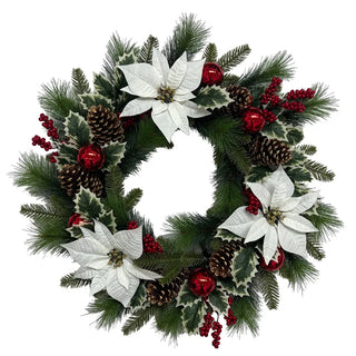 26" White Poinsettia, Pinecone & Berry Wreath