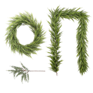 A collection of lush greenery, including a 9' Faux Cedar Garland by CG Hunter, displayed in various forms, emphasizing versatility and elegance for festive decor.