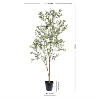 Dimensions of the 7' Artificial Wispy Olive Tree by CG Hunter, demonstrating its impressive height and width for modern interior spaces.