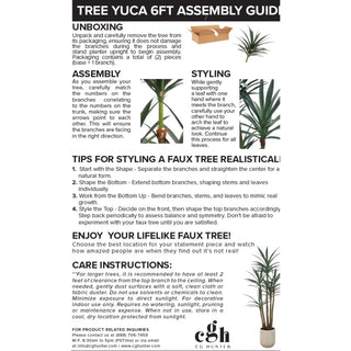 Assembly guide for a 6ft faux yuca plant with text and images of the plant.
