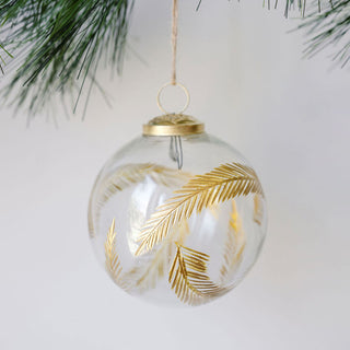 Exquisite 4" Artisan Glass Gold Etched Leaf Ornament by CG Hunter, featuring handpainted gold leaves, clear mouthblown glass, and elegant jute hanger, perfect for luxury holiday decor.