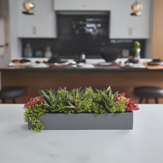 Luxurious Rectangular Artificial Succulent Arrangement from CG Hunter, elegantly displayed in a gray planter, adding a touch of sophistication to contemporary kitchen decor.