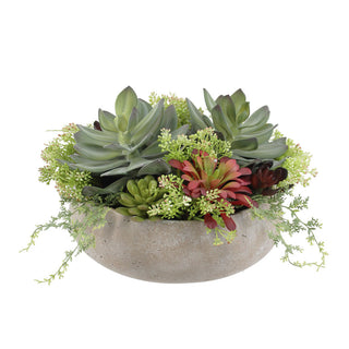 Stylish round artificial succulent arrangement from CG Hunter, featuring a variety of lifelike faux succulents in a modern natural planter, perfect for enhancing luxury home décor.
