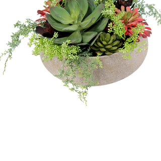 Detail shot of CG Hunter's luxurious round artificial succulent arrangement in a natural pot, emphasizing its realistic textures and elegant design.